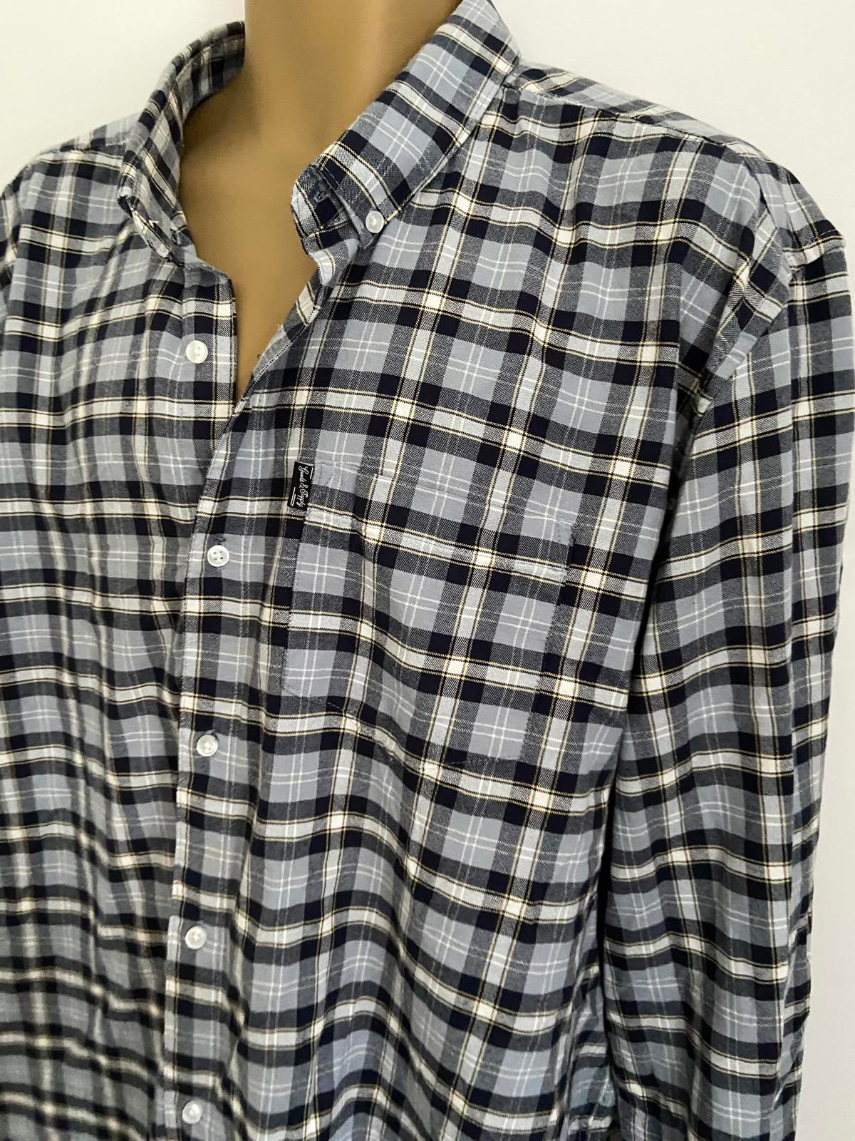 Peacocks Men’s Grey & Navy Plaid Check Long Sleeve Cotton Shirt, Size 2XL
