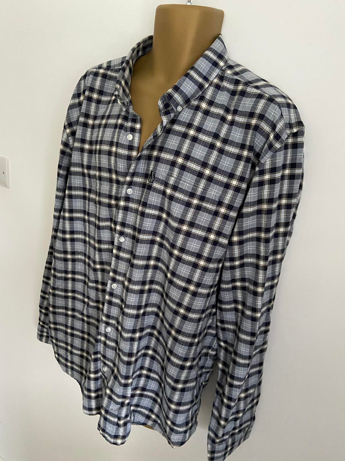 Peacocks Men’s Grey & Navy Plaid Check Long Sleeve Cotton Shirt, Size 2XL