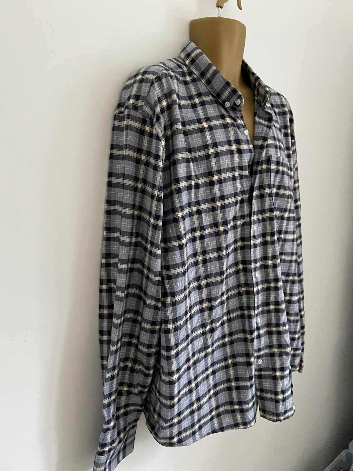 Peacocks Men’s Grey & Navy Plaid Check Long Sleeve Cotton Shirt, Size 2XL