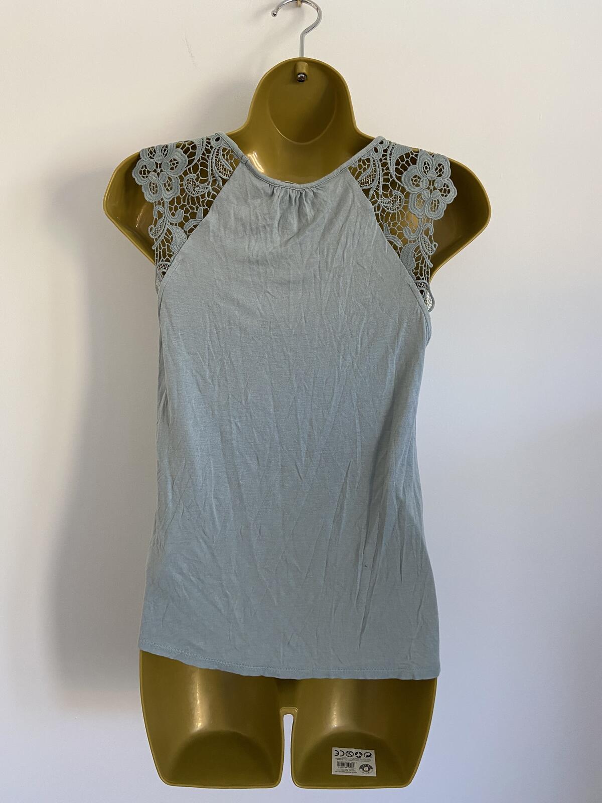 H&M Women’s Light Blue Sleeveless Top Embroidered Lace Shoulder Size XS