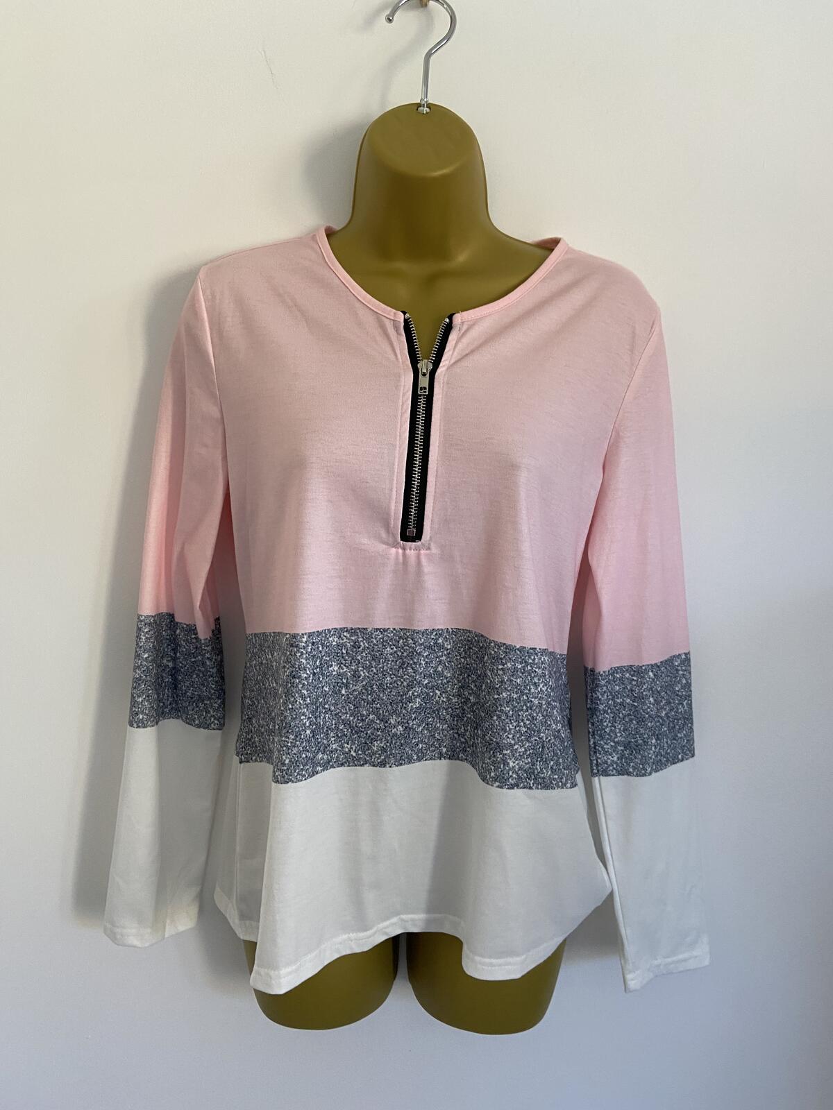Women’s Pink Grey & White Colour Block Quarter Zip Long Sleeve Top Size Small