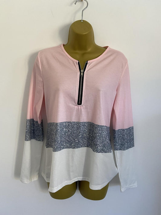 Women’s Pink Grey & White Colour Block Quarter Zip Long Sleeve Top Size Small