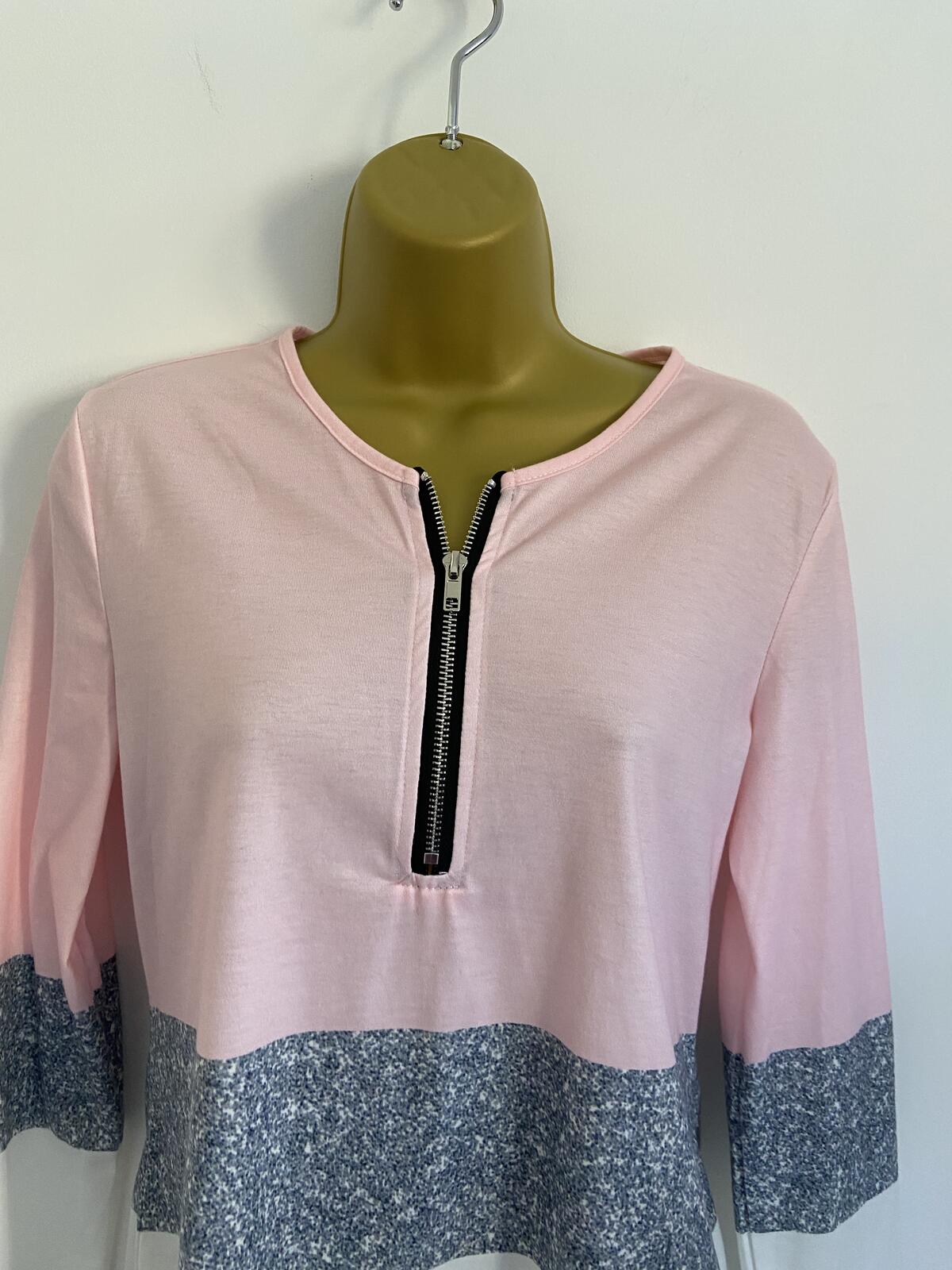 Women’s Pink Grey & White Colour Block Quarter Zip Long Sleeve Top Size Small
