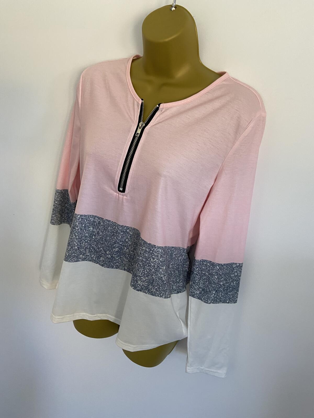 Women’s Pink Grey & White Colour Block Quarter Zip Long Sleeve Top Size Small