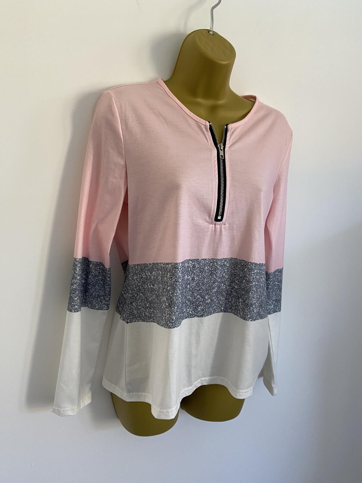 Women’s Pink Grey & White Colour Block Quarter Zip Long Sleeve Top Size Small