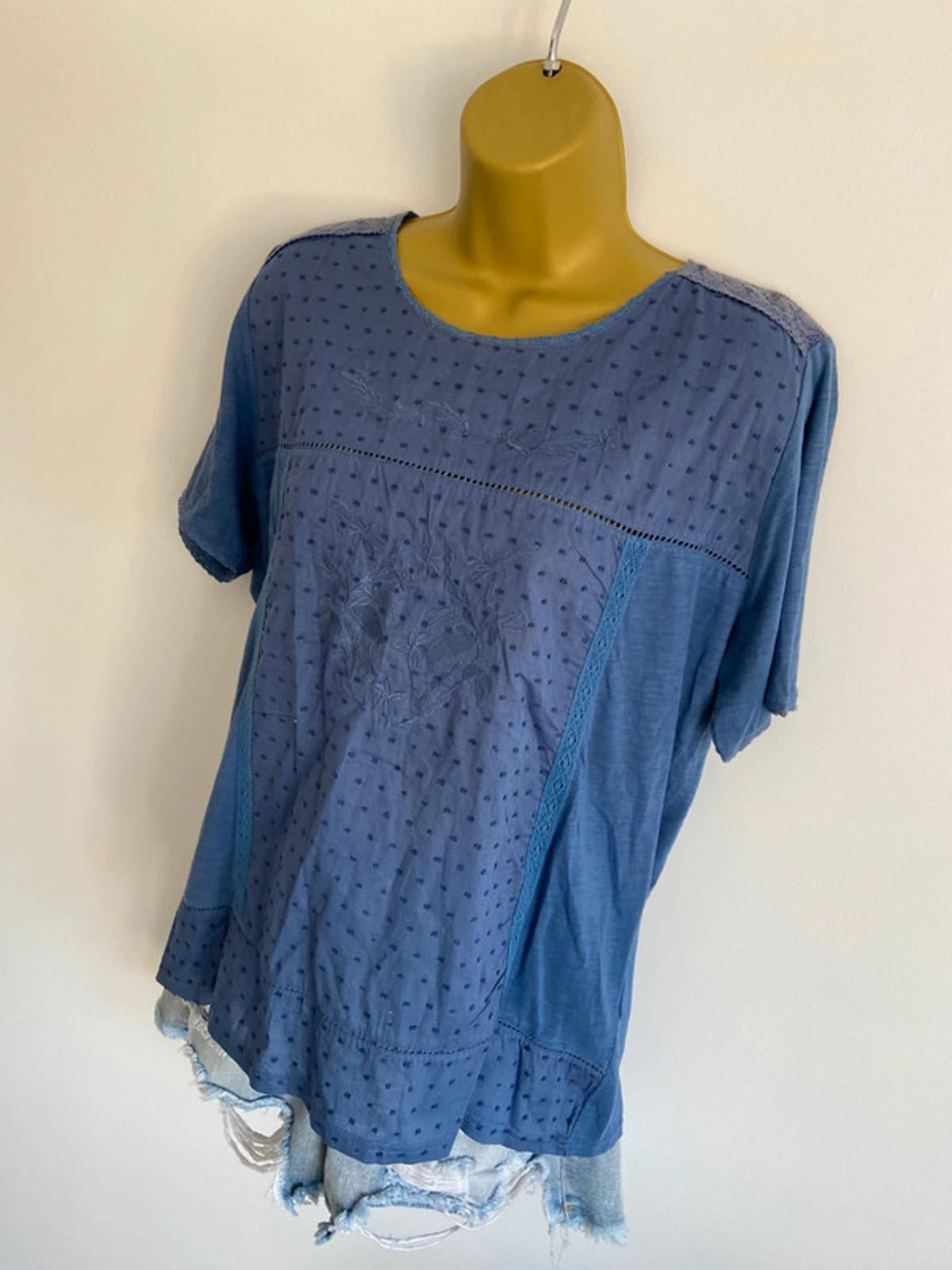 ISLE Blue Embroidered Blouse – Size M 14/16 Lace Trim, 100% Cotton