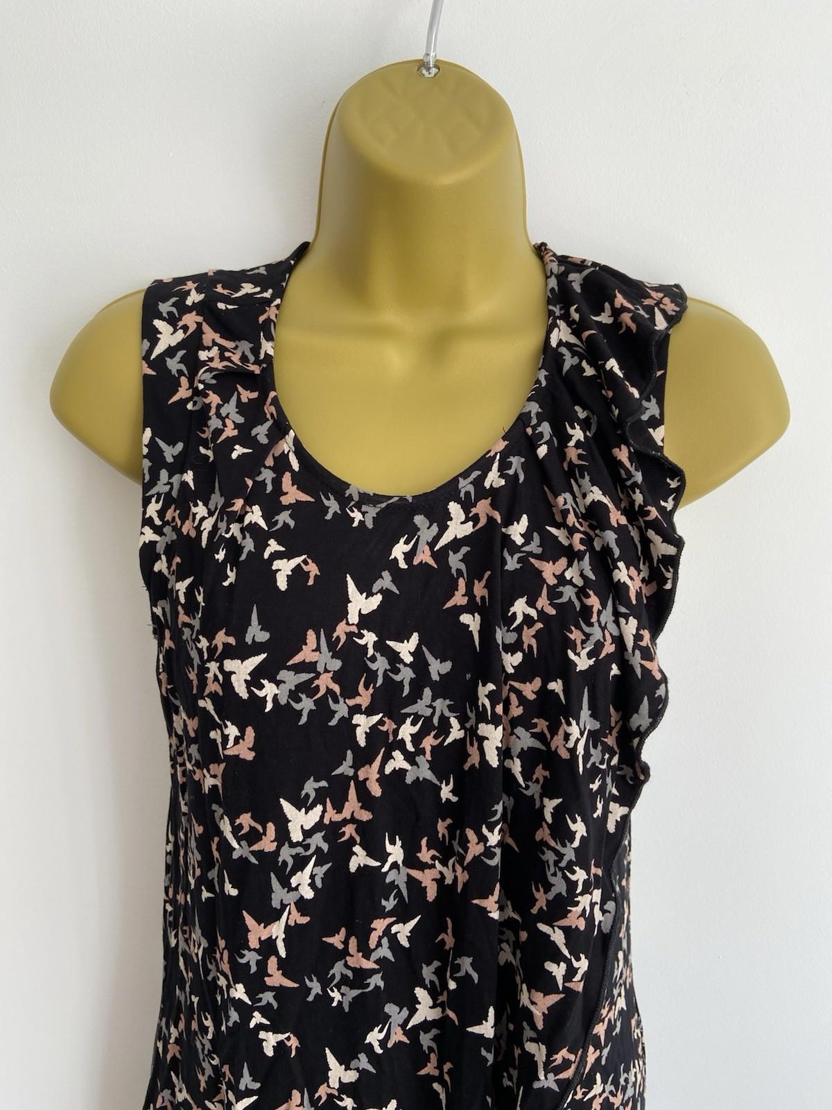 Oasis Extra Small Sleeveless Dress – Black with Bird Print, Pre-Loved