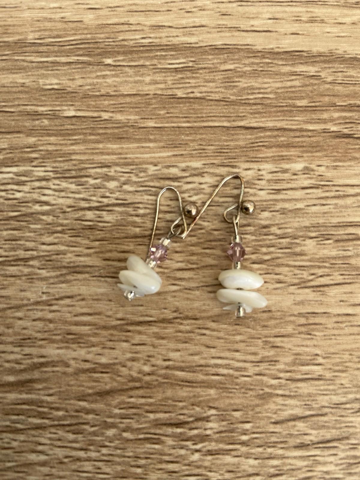 Dangle Earrings – White Polished Stone with Pink Gem on Fish Hooks, 3cm Drop
