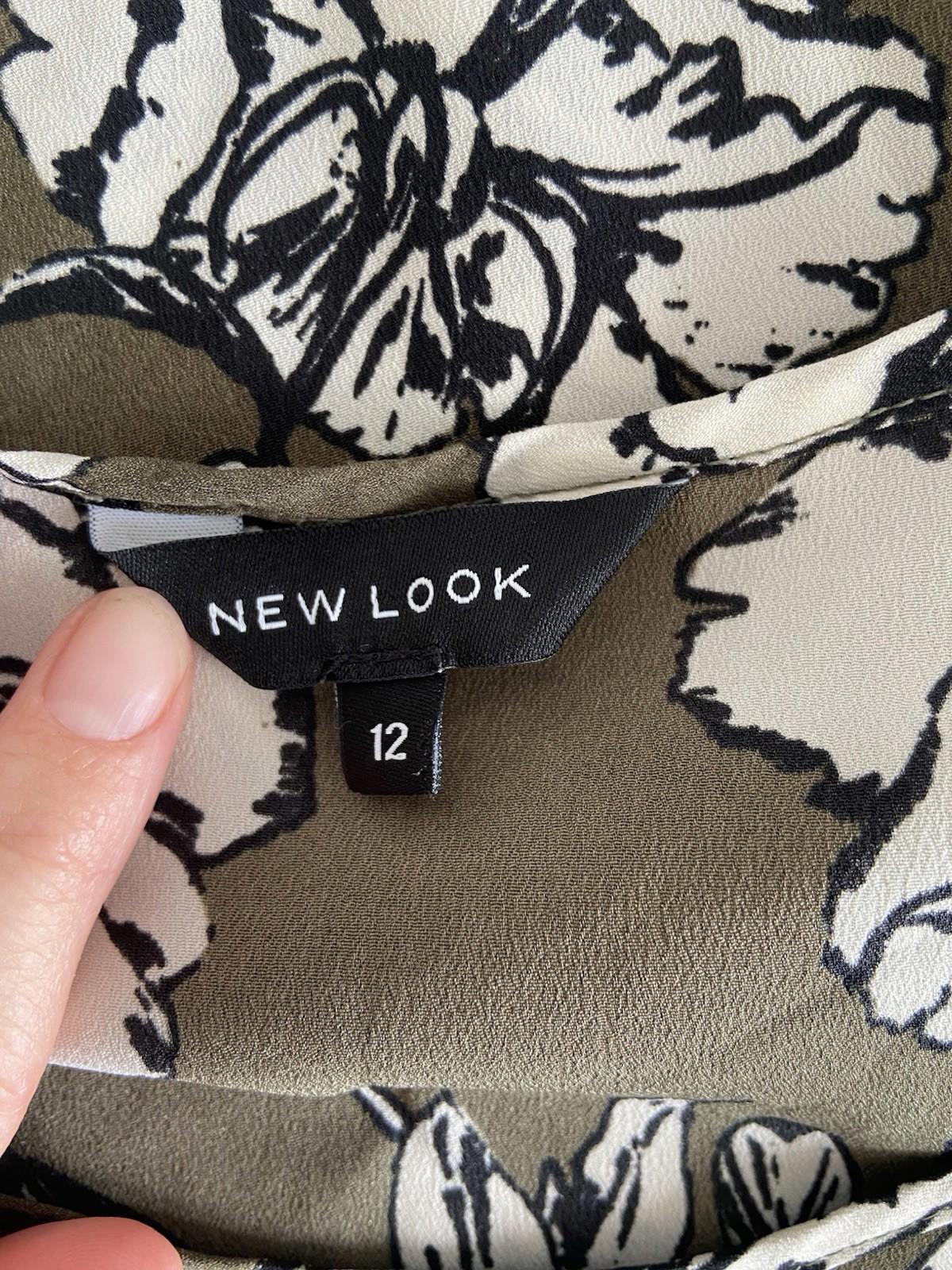 New Look Khaki Green Floral Blouse – Size 12 – Lightweight, Short Sleeve