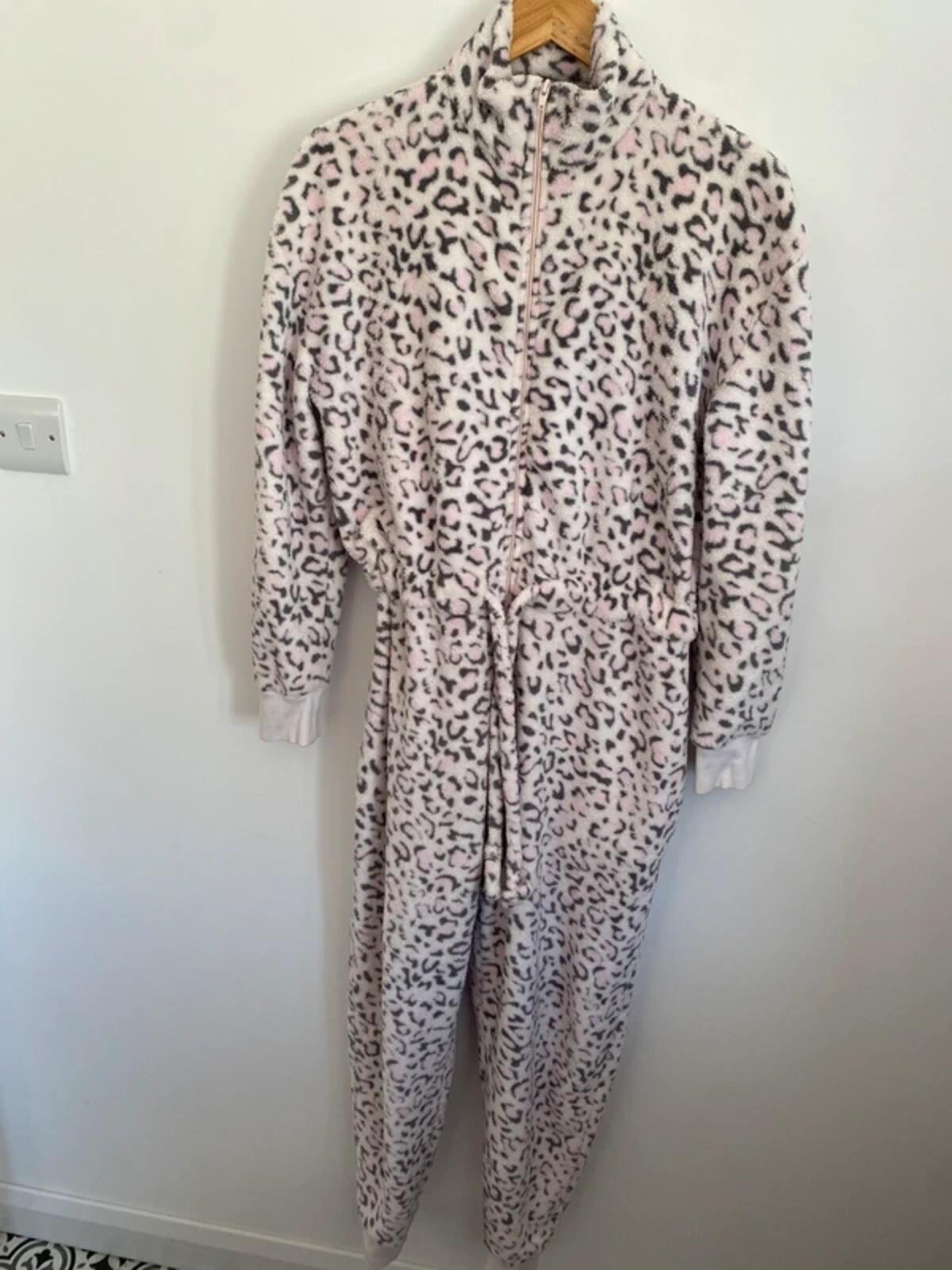 La Marquise Women’s Leopard Print Fleece Onesie Size 14-16 - Luxury Fluffy Pink & Grey Animal Print