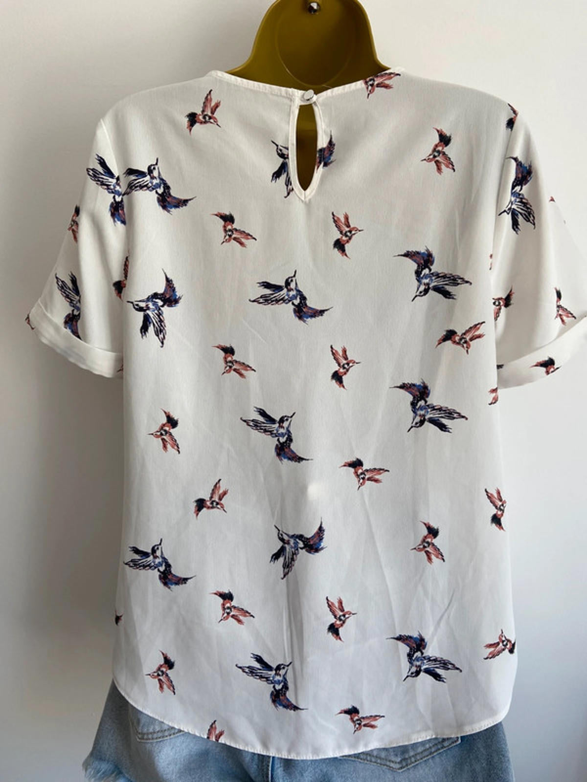 Primark White Bird Print Blouse – Size 10 – Short Sleeve, Lightweight