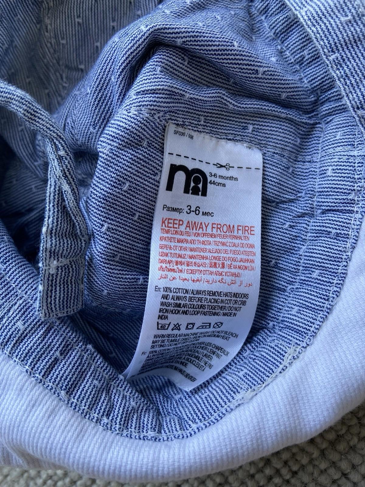 Mothercare Baby Bonnet Hat – 3–6 Months, Blue Denim-Look with White Dots