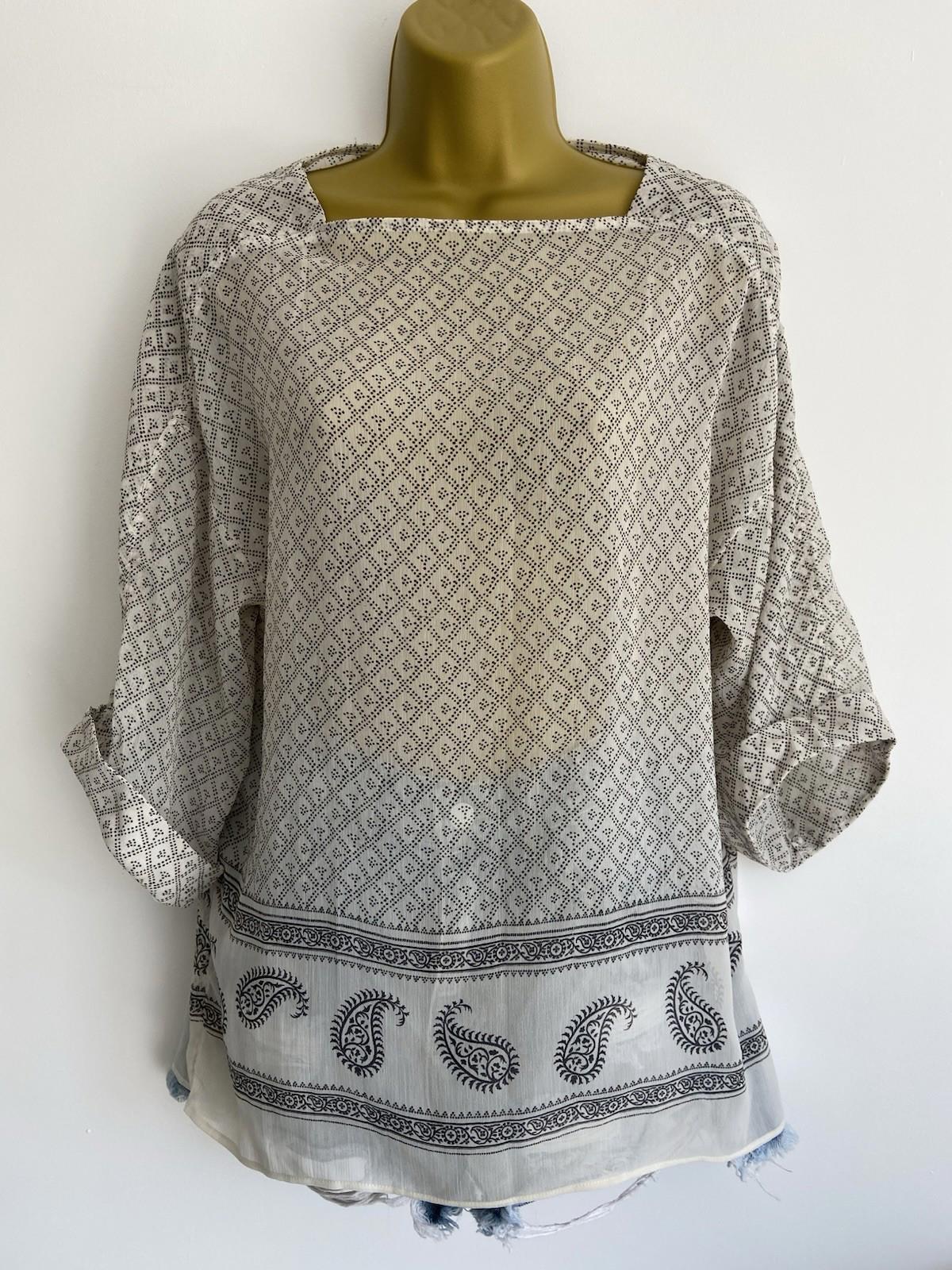 H&M White & Black Moroccan Print Blouse – Size 8 – Lightweight, Sheer