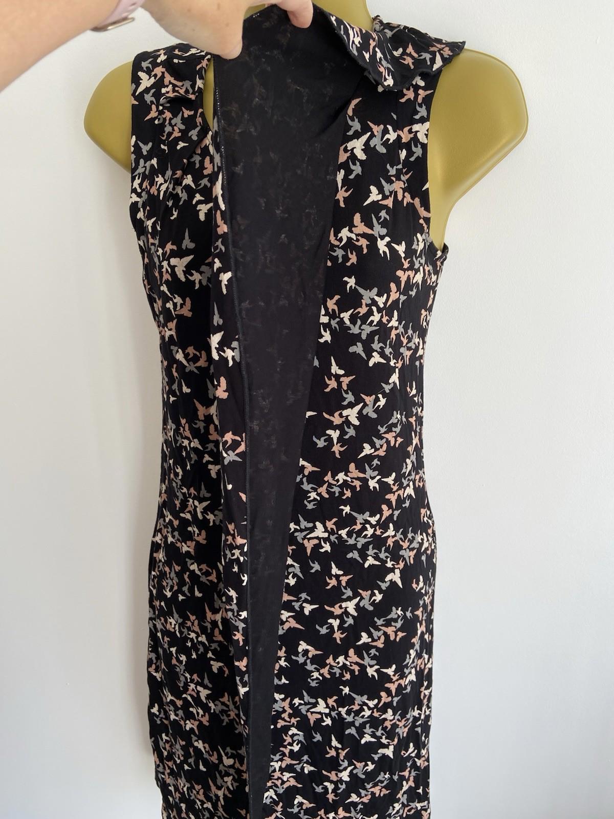 Oasis Extra Small Sleeveless Dress – Black with Bird Print, Pre-Loved