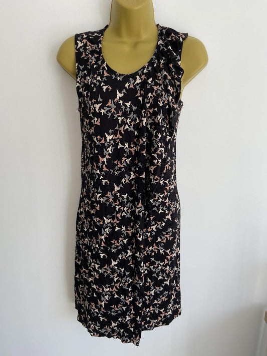 Oasis Extra Small Sleeveless Dress – Black with Bird Print, Pre-Loved