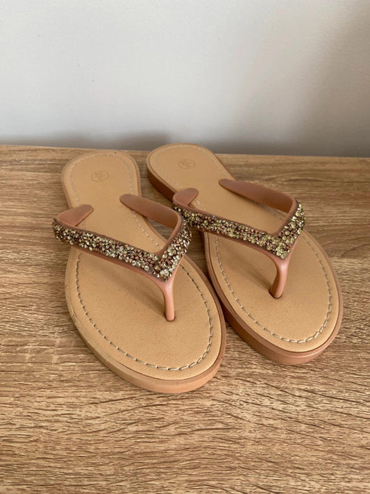 Women’s Glittery Flip-Flops – Size 3 – Beige Sole with Brown & Gold Diamanté
