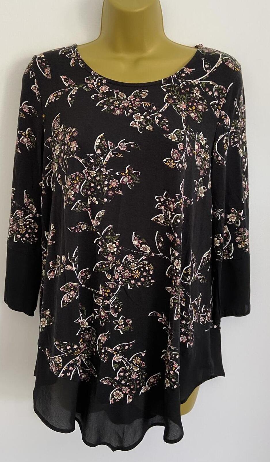 TU Black Floral Blouse – Size 10 – Sheer Trim Long Sleeve Top