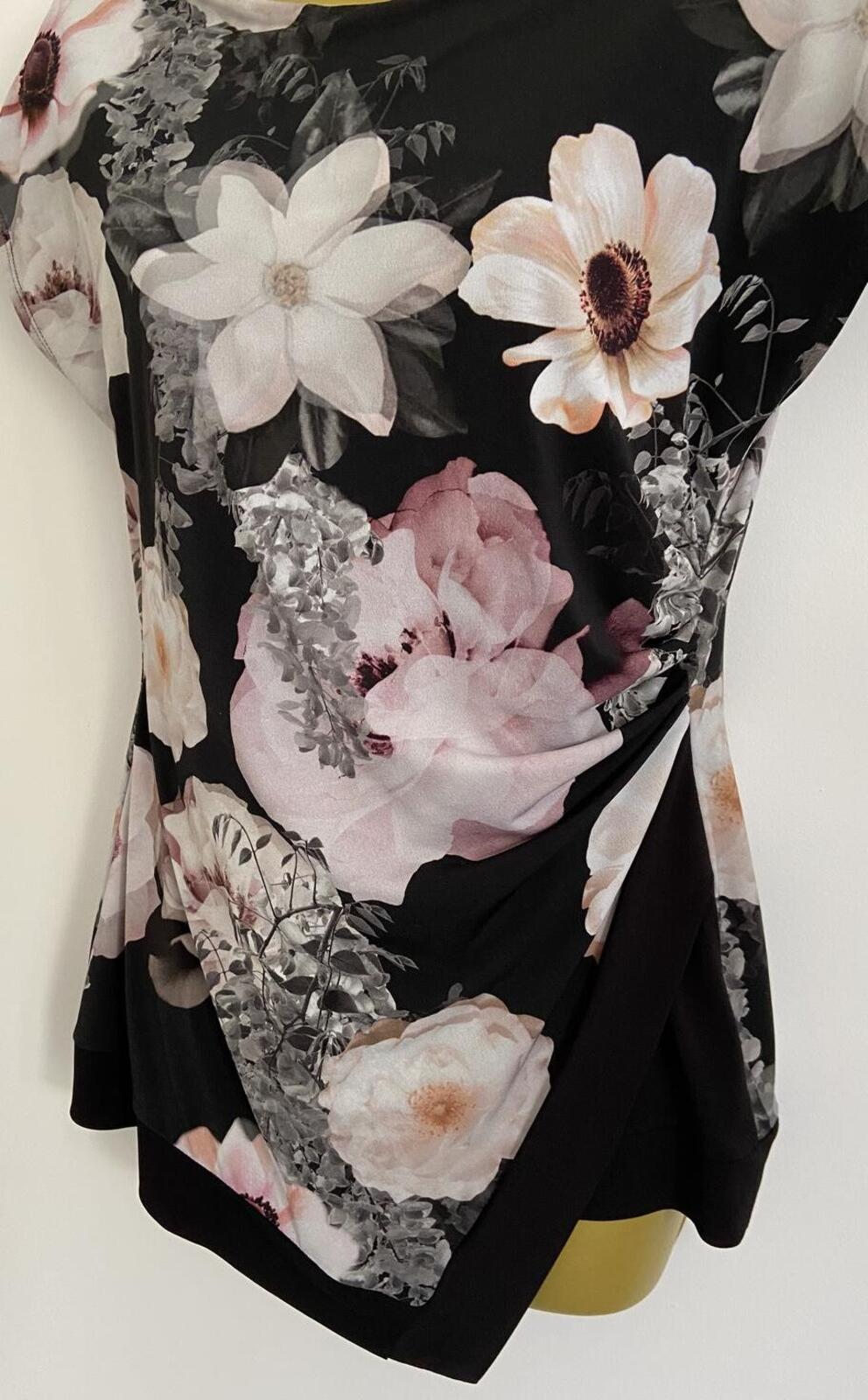 Wallis Petite Black Floral Blouse – Size 10 – Sleeveless Drape Front Top