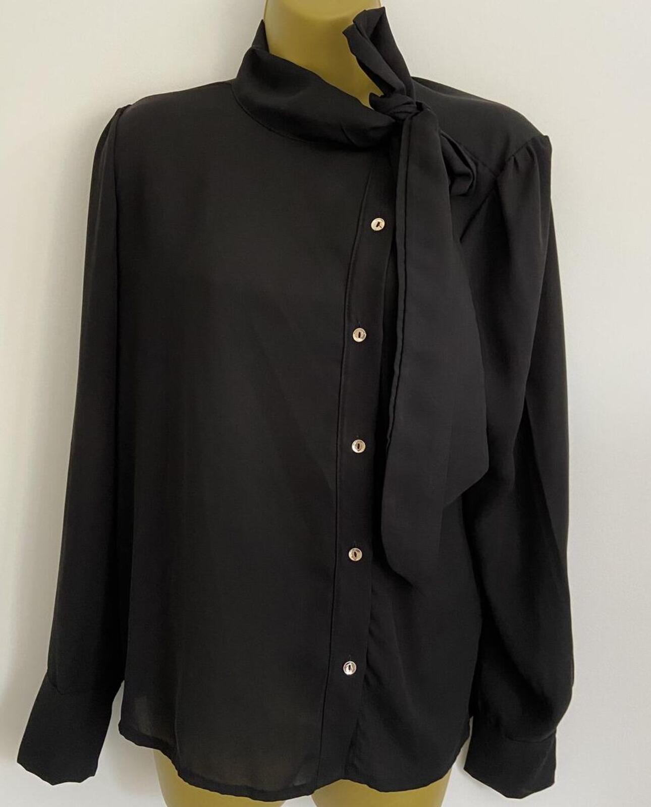Boohoo Black Sheer Tie Neck Blouse Size 10 Asymmetric Button Front Long Sleeve