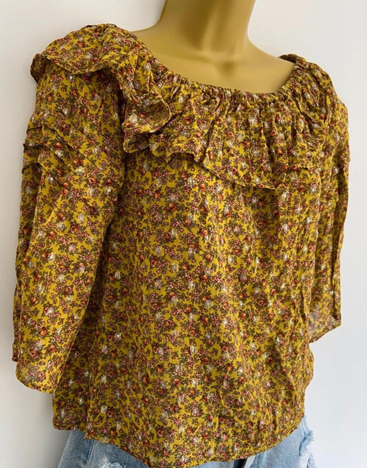 Next Off-Shoulder Floral Top – Size 6 – Yellow Glitter Thread Blouse