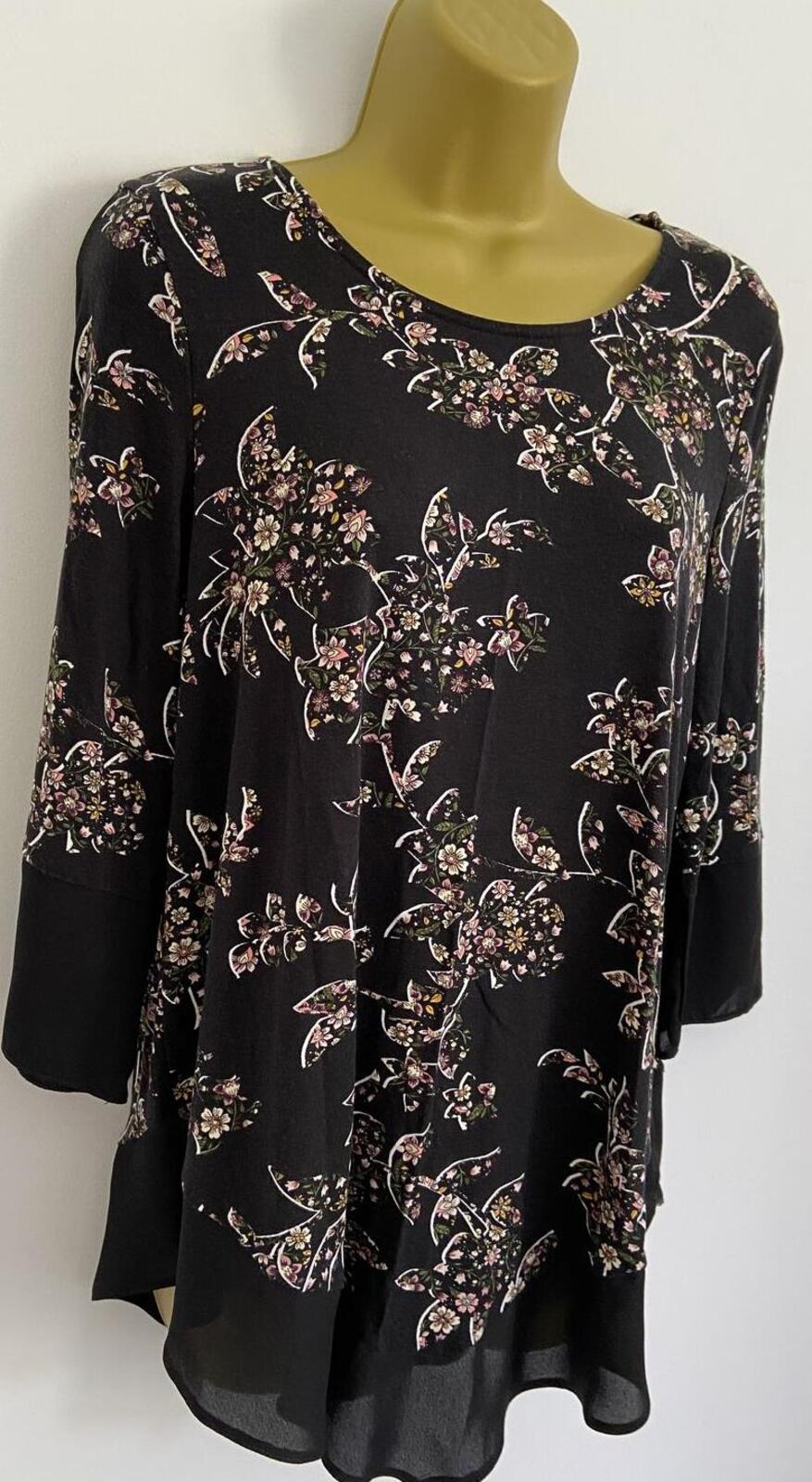 TU Black Floral Blouse – Size 10 – Sheer Trim Long Sleeve Top