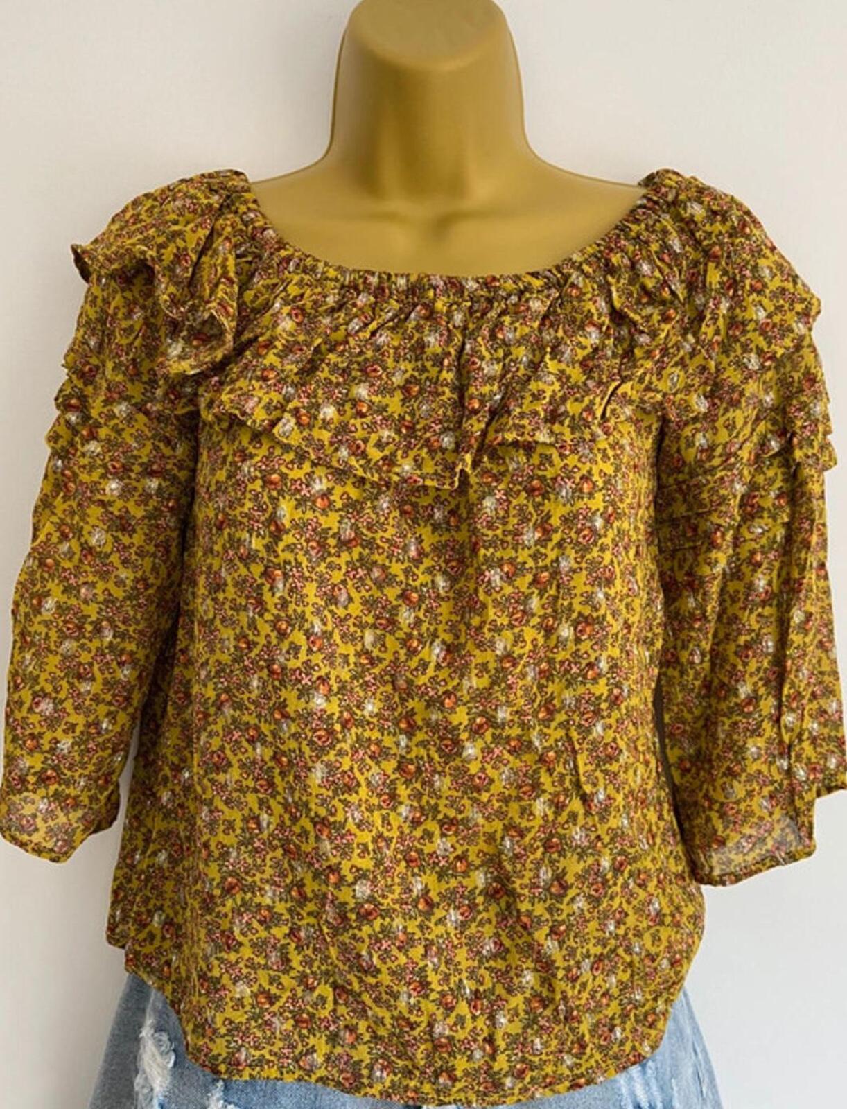 Next Off-Shoulder Floral Top – Size 6 – Yellow Glitter Thread Blouse