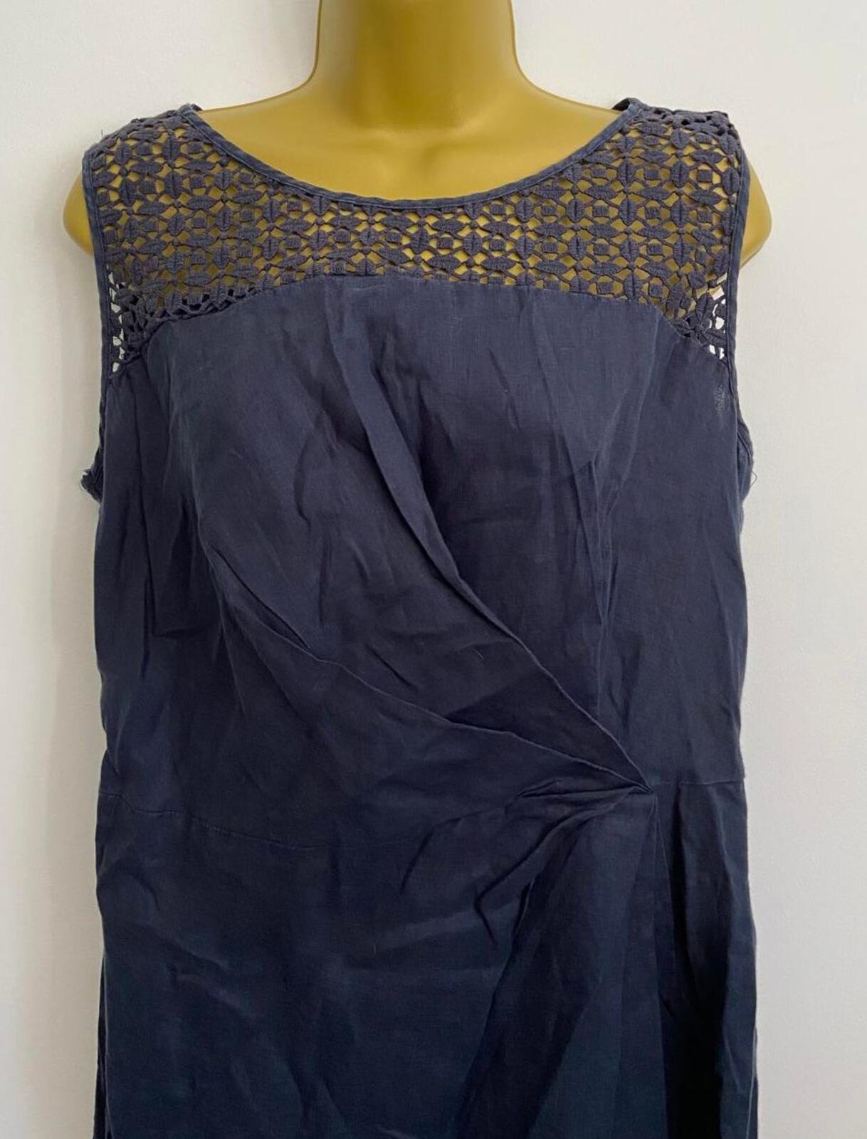 Monsoon Navy Linen Dress – Sleeveless – UK 14 – Embroidered Detail Linen