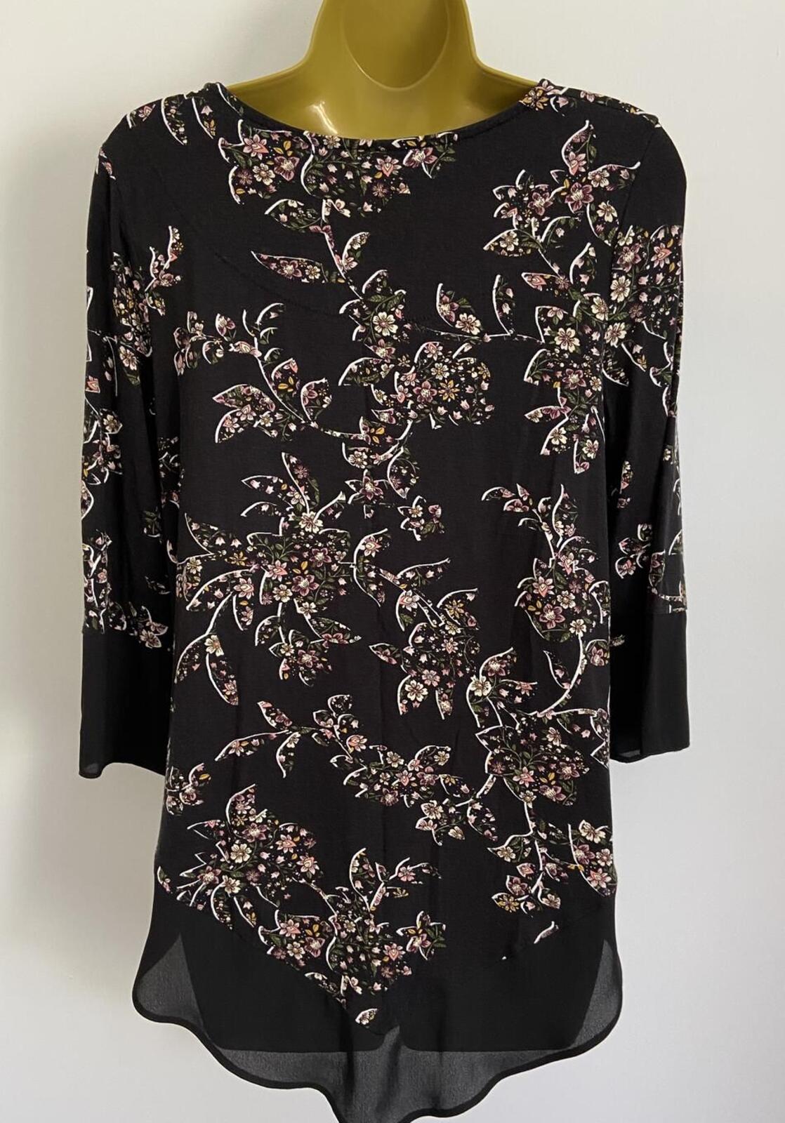 TU Black Floral Blouse – Size 10 – Sheer Trim Long Sleeve Top