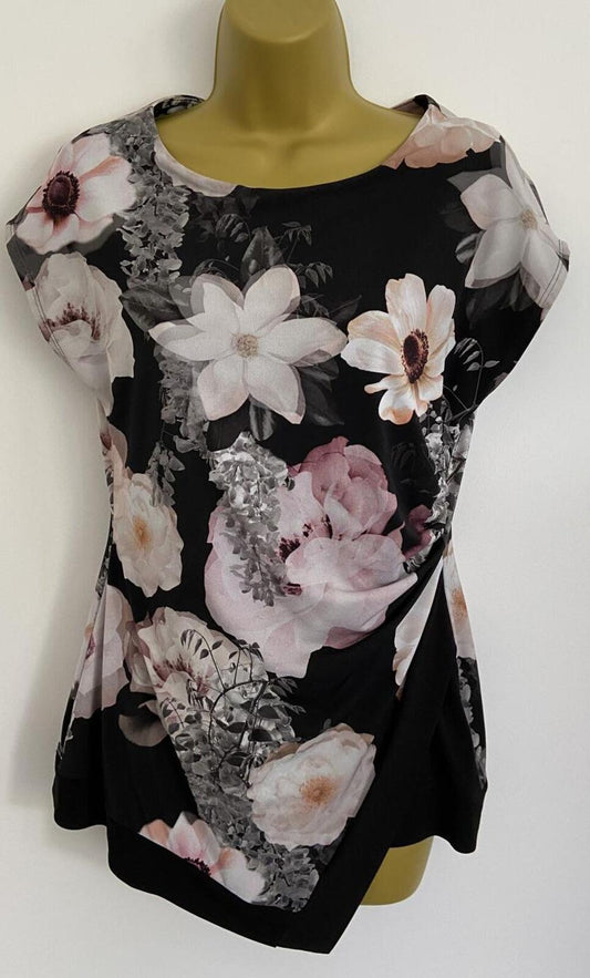 Wallis Petite Black Floral Blouse – Size 10 – Sleeveless Drape Front Top