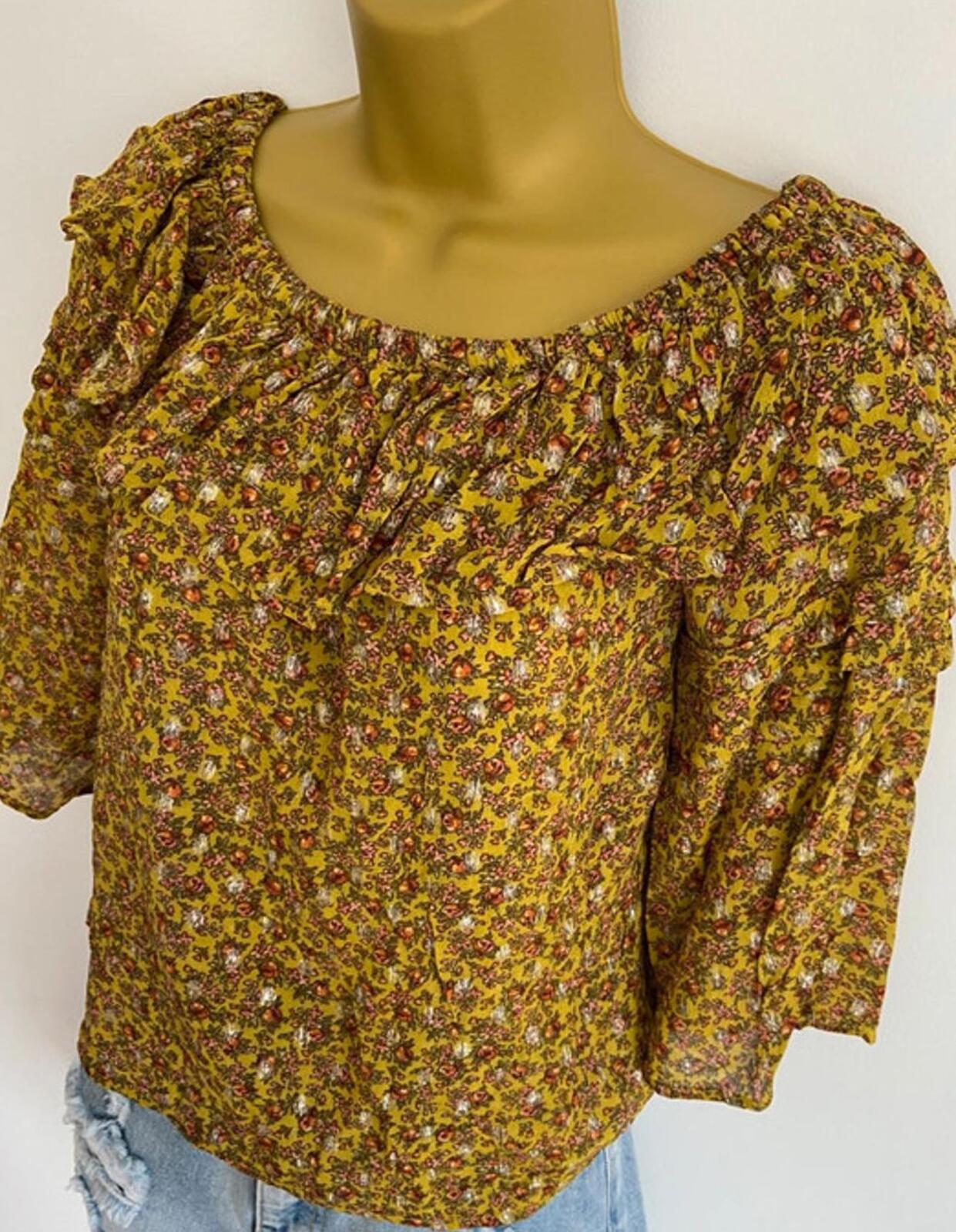 Next Off-Shoulder Floral Top – Size 6 – Yellow Glitter Thread Blouse