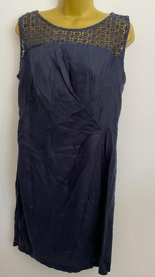 Monsoon Navy Linen Dress – Sleeveless – UK 14 – Embroidered Detail Linen