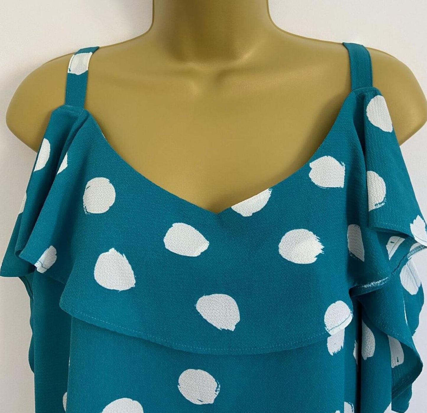 Bonmarché Turquoise Polka Dot Top – Size 20 – Off Shoulder Ruffle Blouse