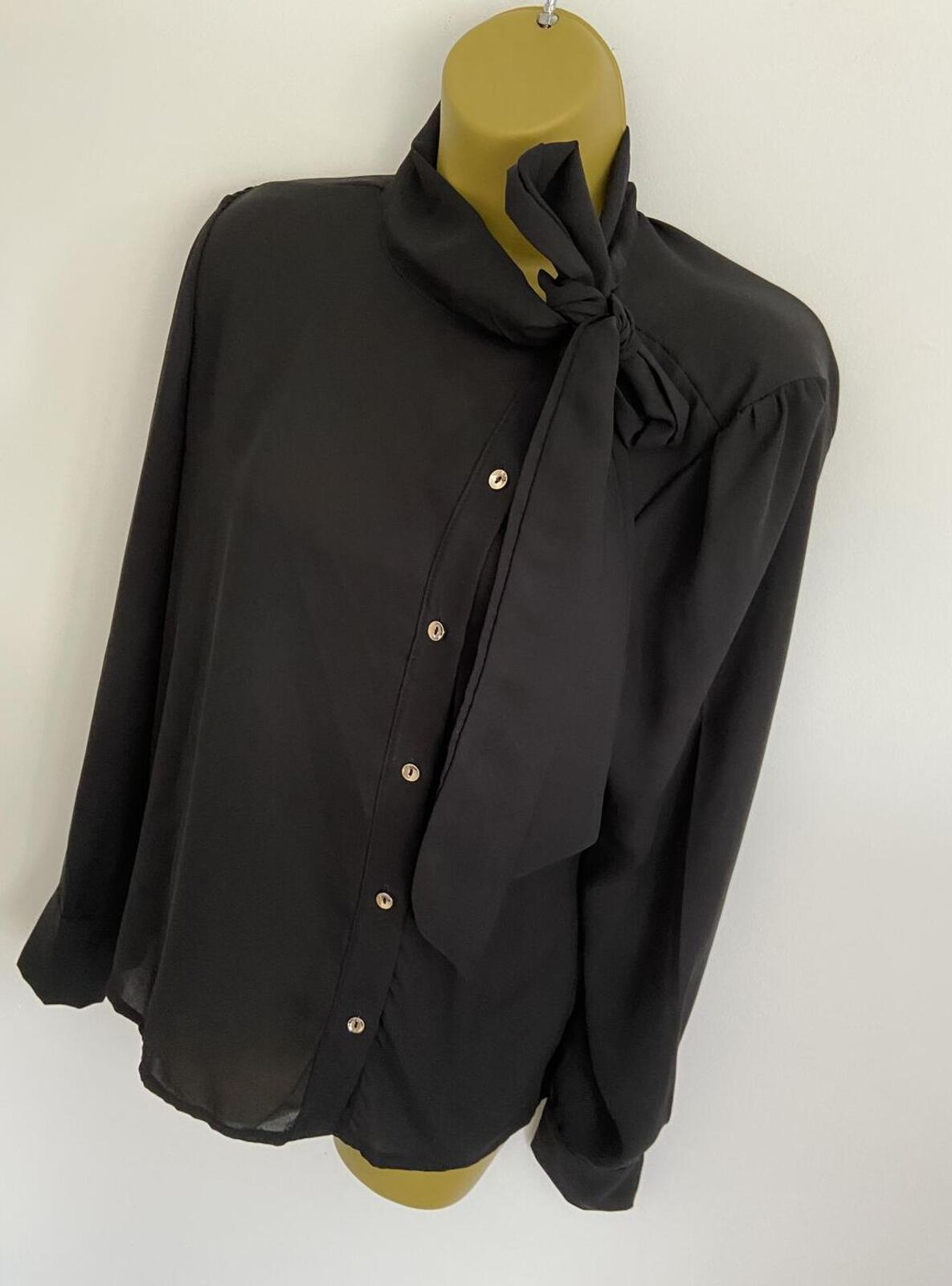 Boohoo Black Sheer Tie Neck Blouse Size 10 Asymmetric Button Front Long Sleeve