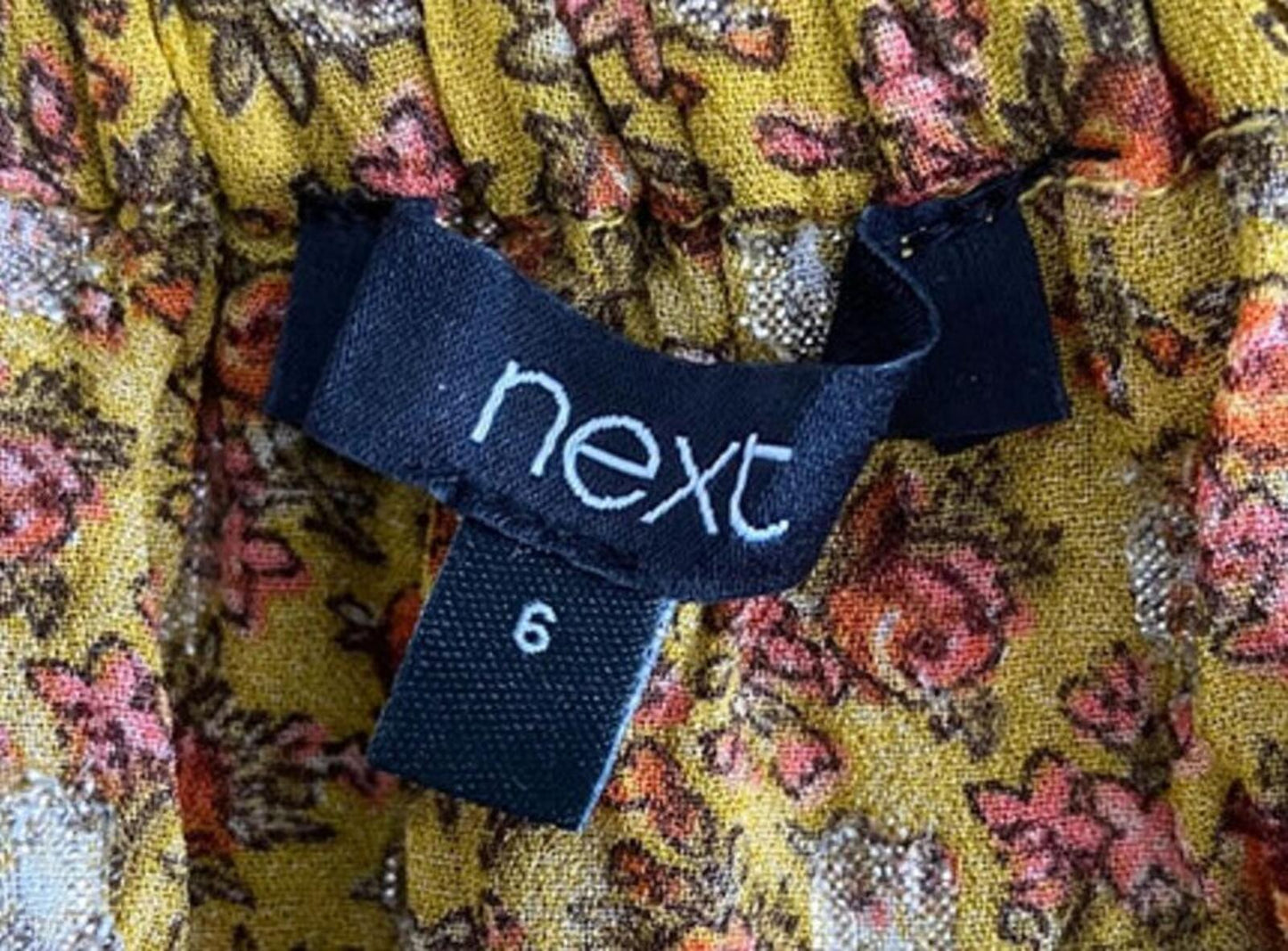 Next Off-Shoulder Floral Top – Size 6 – Yellow Glitter Thread Blouse