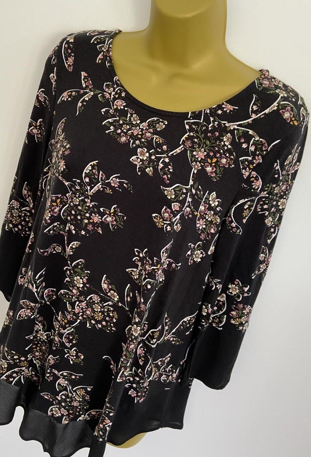 TU Black Floral Blouse – Size 10 – Sheer Trim Long Sleeve Top