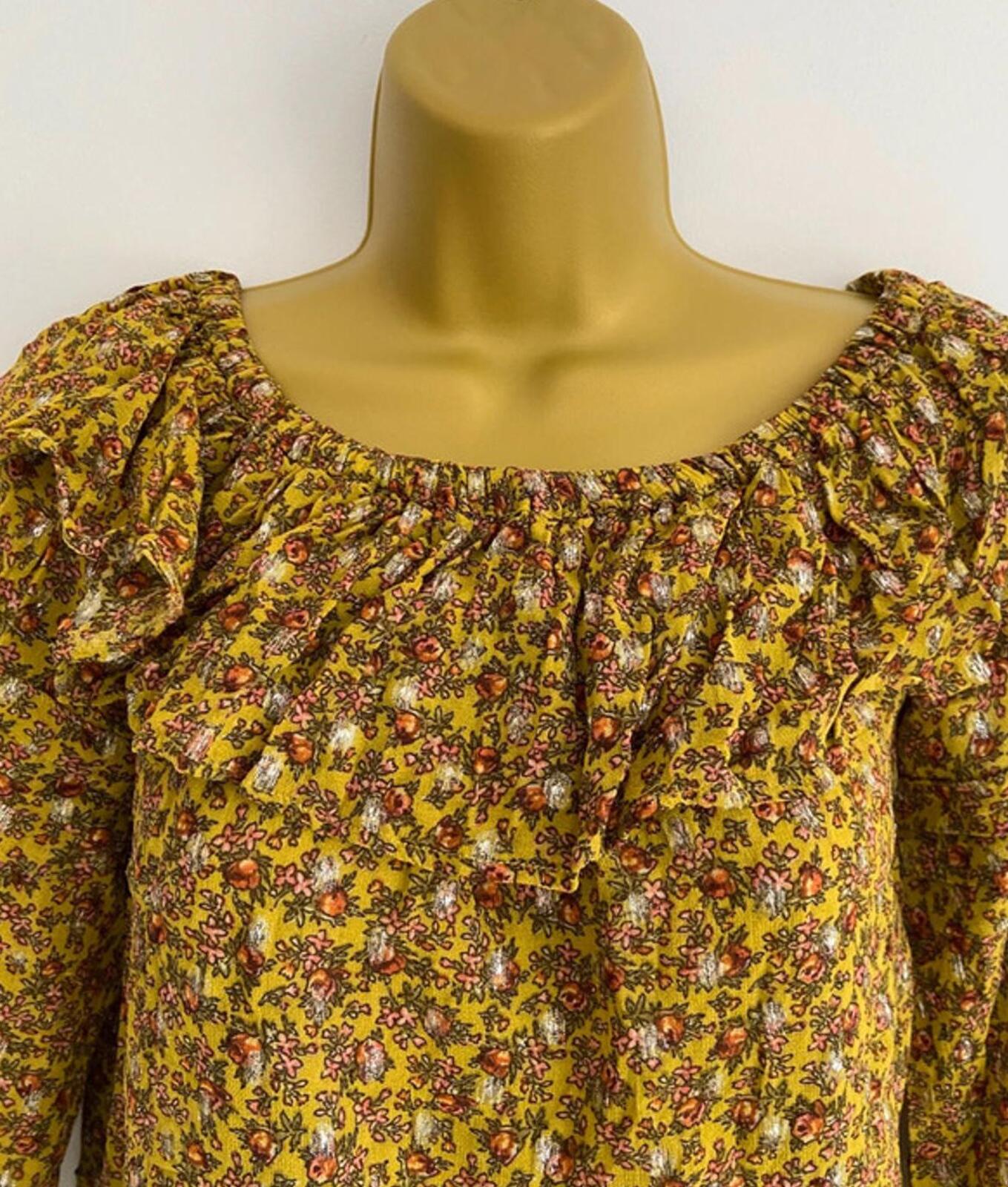 Next Off-Shoulder Floral Top – Size 6 – Yellow Glitter Thread Blouse