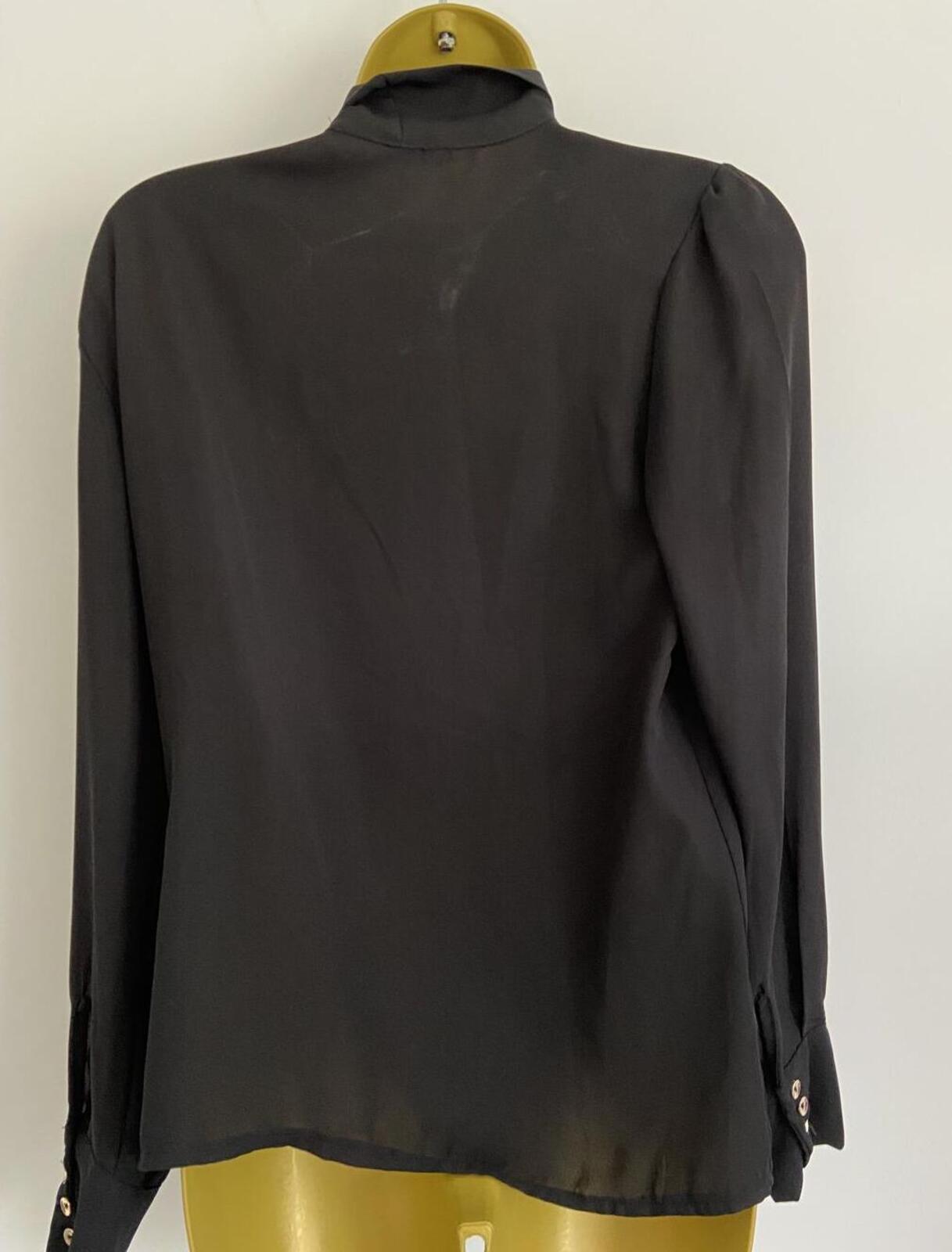 Boohoo Black Sheer Tie Neck Blouse Size 10 Asymmetric Button Front Long Sleeve