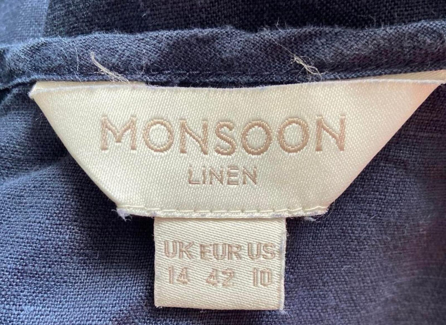 Monsoon Navy Linen Dress – Sleeveless – UK 14 – Embroidered Detail Linen