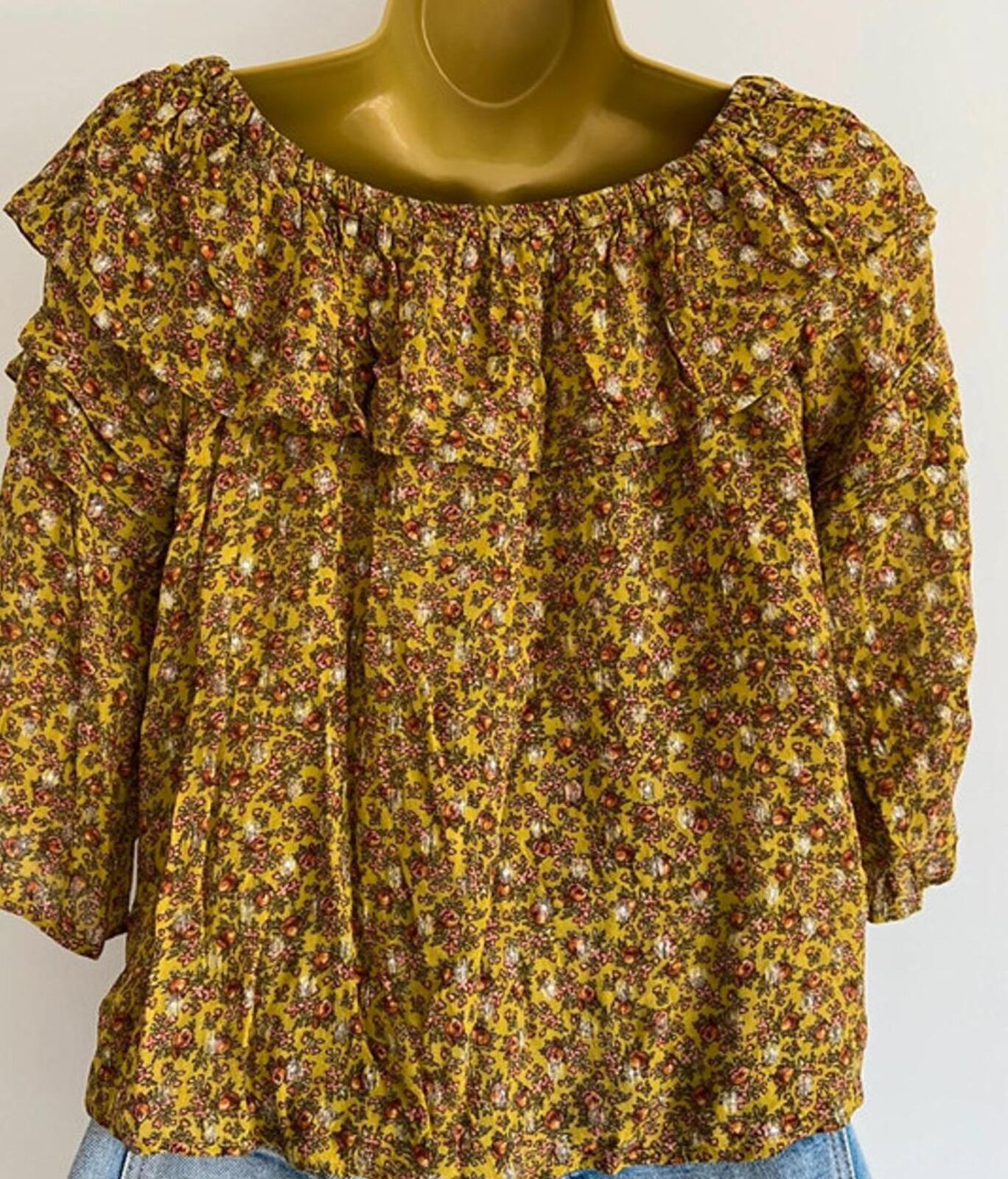 Next Off-Shoulder Floral Top – Size 6 – Yellow Glitter Thread Blouse