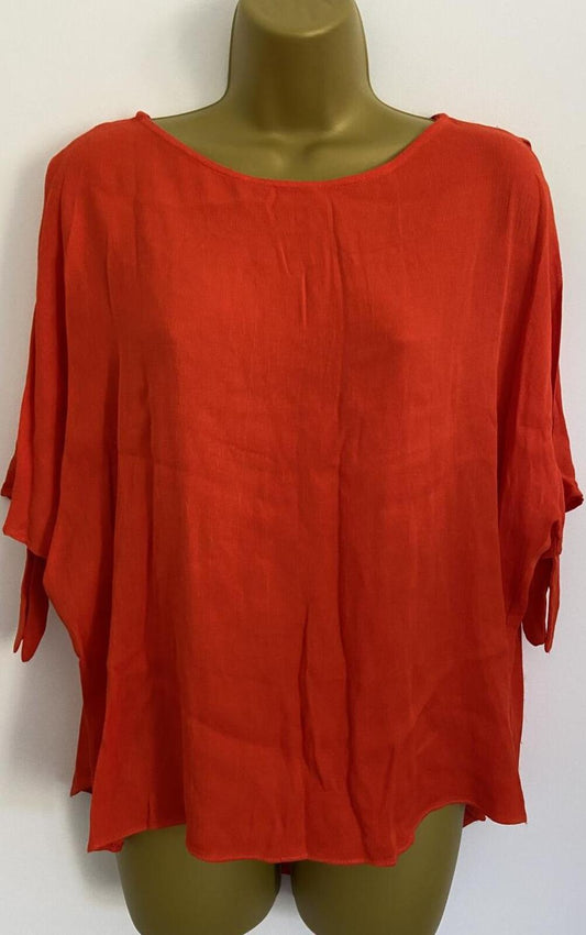 River Island Red-Orange Cold Shoulder Blouse – Size 12 – Tie Sleeve Top