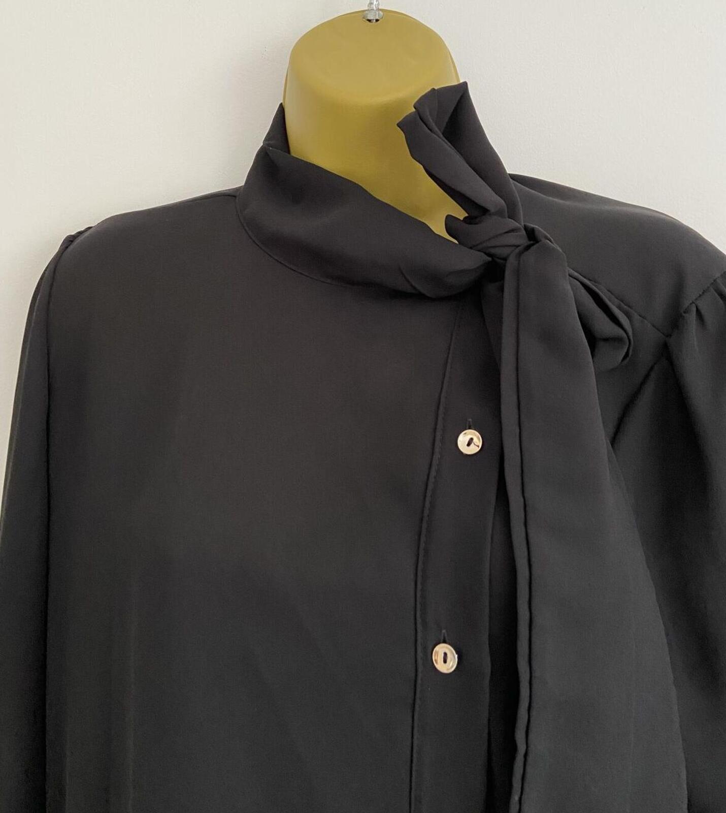 Boohoo Black Sheer Tie Neck Blouse Size 10 Asymmetric Button Front Long Sleeve