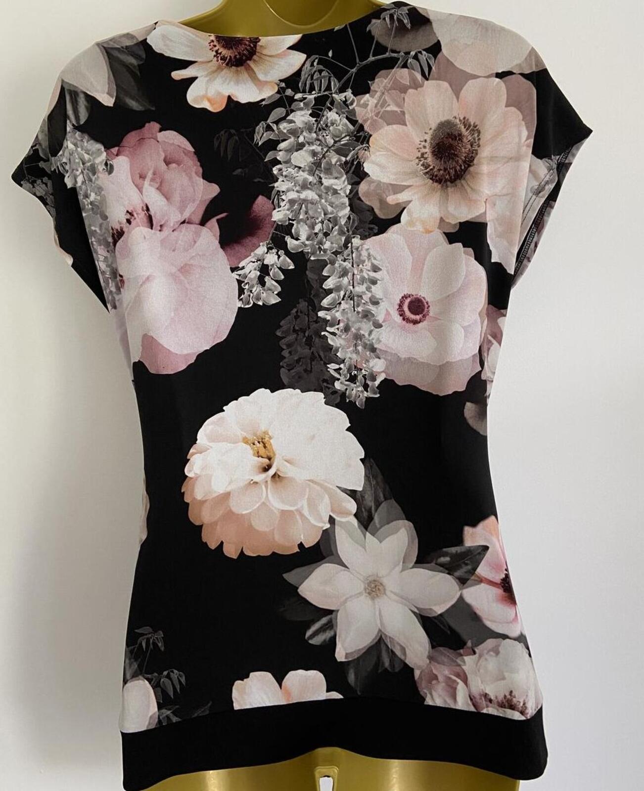 Wallis Petite Black Floral Blouse – Size 10 – Sleeveless Drape Front Top