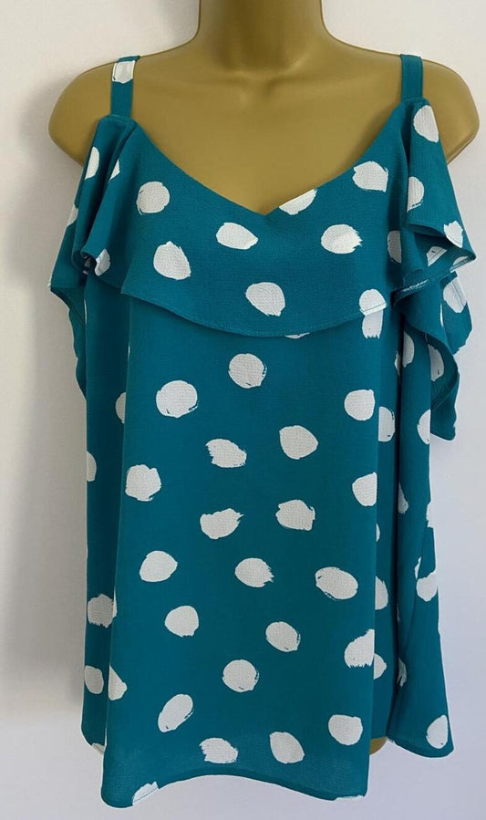 Bonmarché Turquoise Polka Dot Top – Size 20 – Off Shoulder Ruffle Blouse