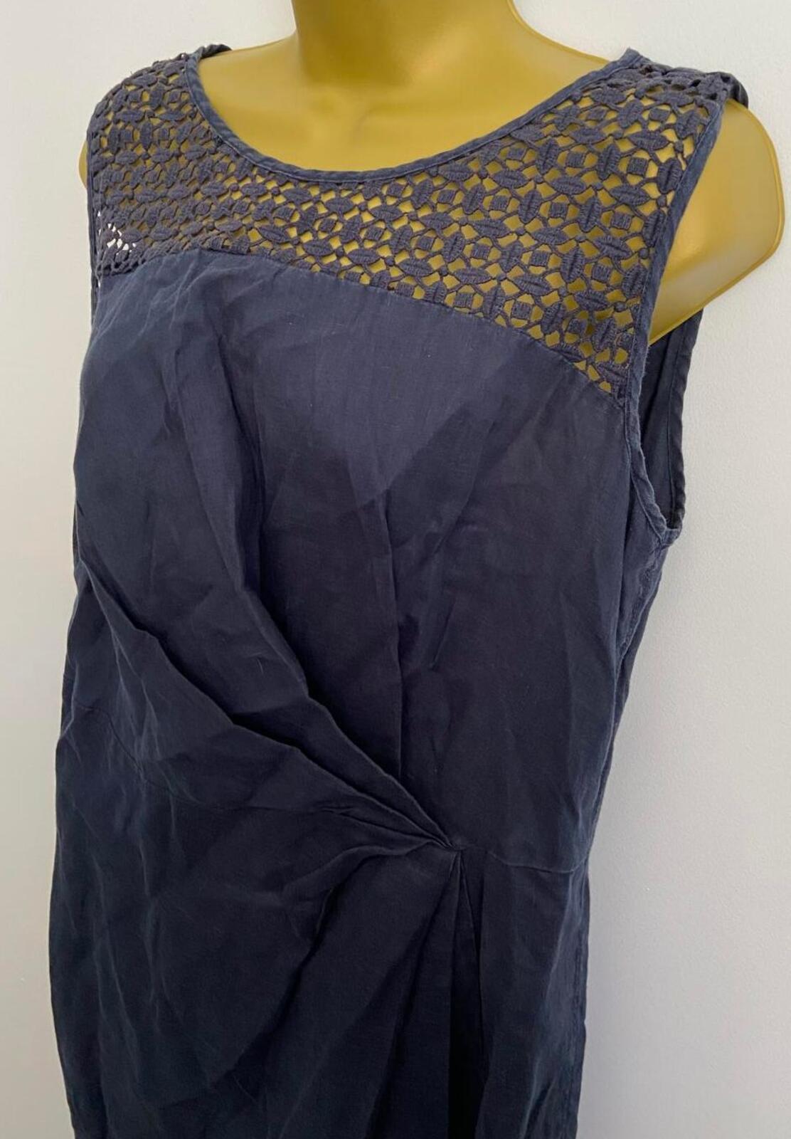 Monsoon Navy Linen Dress – Sleeveless – UK 14 – Embroidered Detail Linen