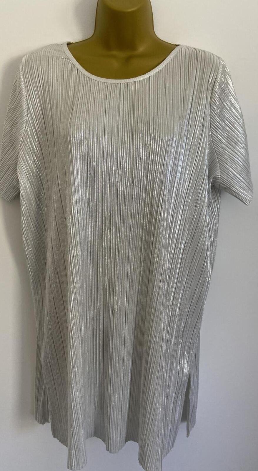 Next Silver Metallic Plissé Top – Size 16 – Crinkle Longline Tunic
