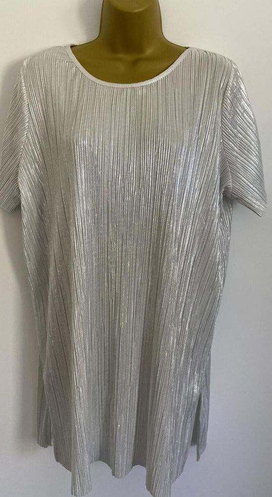 Next Silver Metallic Plissé Top – Size 16 – Crinkle Longline Tunic