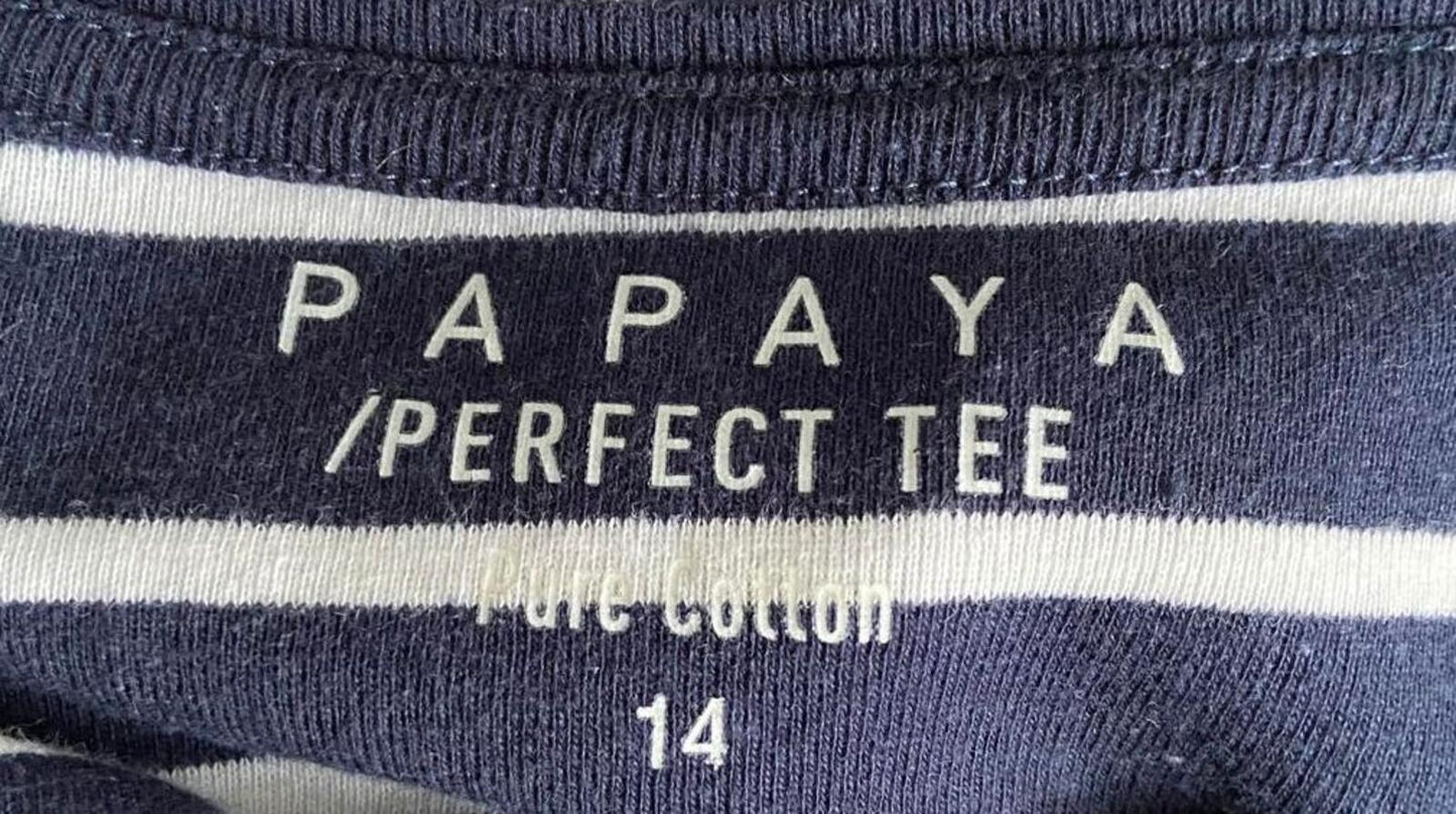Papaya Blue & White Stripe T-Shirt – Size 14 – Cotton Scoop Neck Top